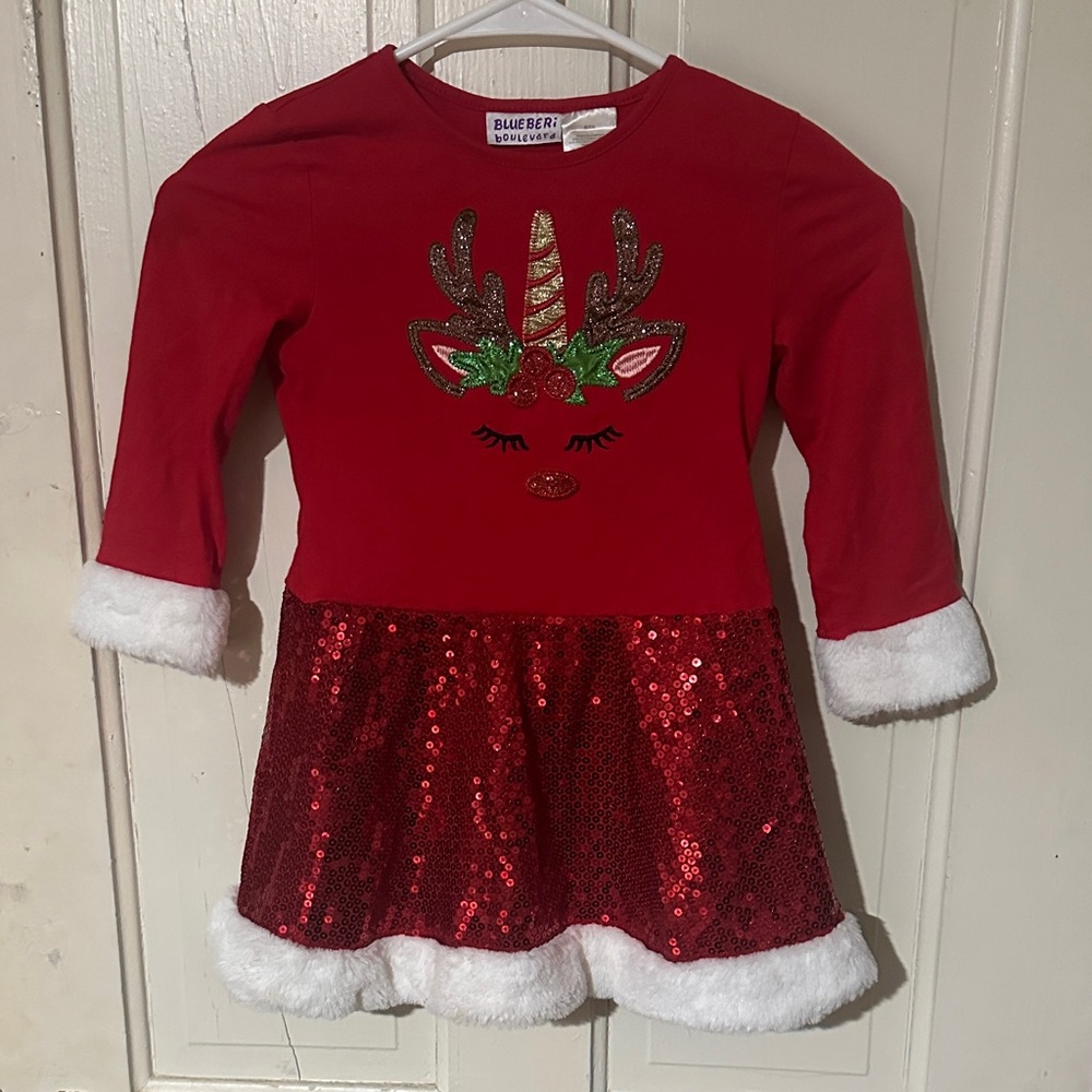 Blueberi Boulevard Red Sequin Reindeer Dress
